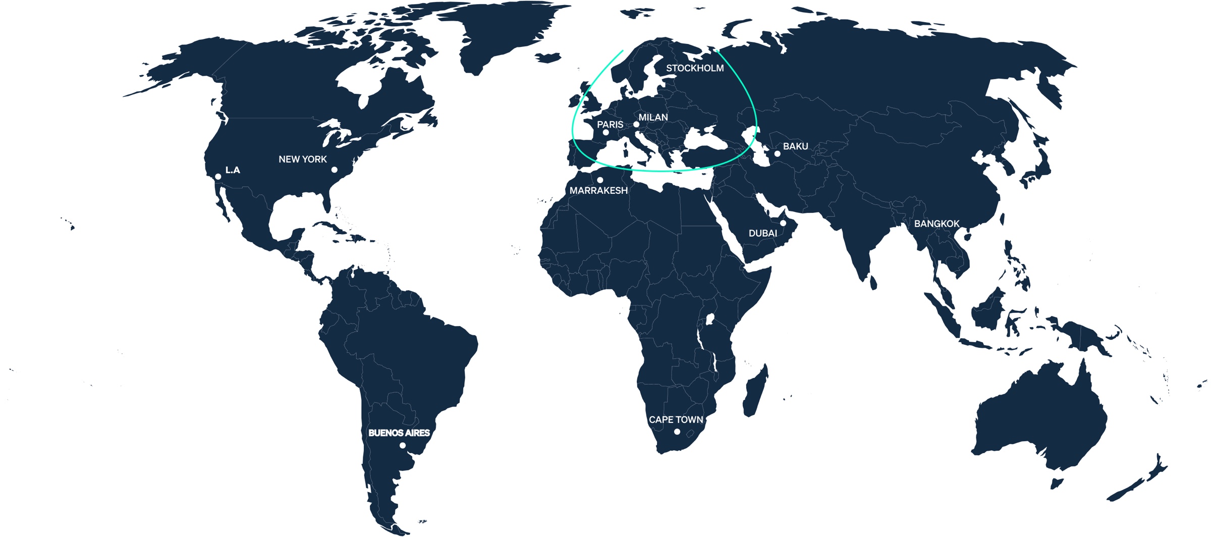Mapa del mundo con la autonomía de vuelo de los jets privados desde Europa por categoría de avión
